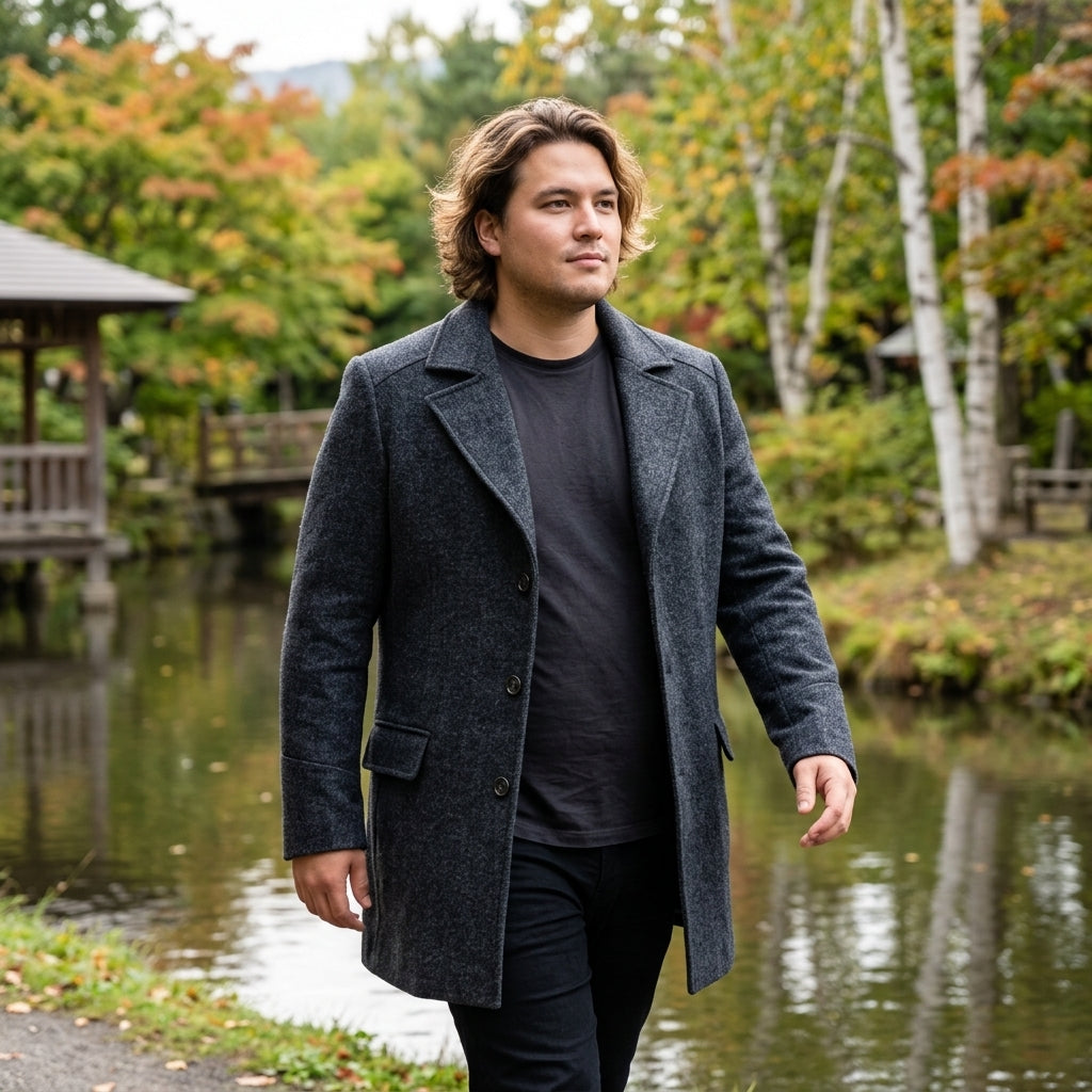 Man wearing structured Ishikari overcoat